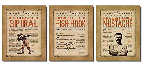 Manly Skills "How To Tie a Fish Hook" "How to Grow a Mustache" and "How To Throw a Perfect Spiral" Signs; Makes a Great Gif...