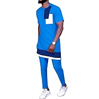 Men`s Tracksuit African Clothing 2 Piece Set Short Sleeve Dashiki Tops and Pants 2 Piece Outfits Blouse Sports Suit