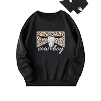 women for Sweatshirt Leopard & Letter Graphic Thermal Pullover women for Sweatshirt (Color : Black, Size : Large)