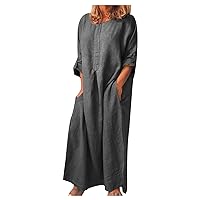Women's Plus Size Cotton Linen Long Dress Solid 3/4 Rolle Up Sleeve Dress Casual Loose Plain Maxi Dresses with Pockets