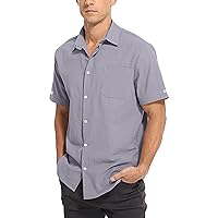 Men's Cotton Linen Button Down Dress Shirt Regular Fit Summer Short Sleeve Solid Color Casual Beach Tops