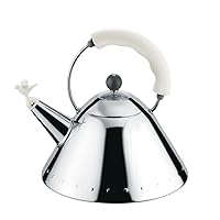 Alessi Kettle in 18/10 Stainless Steel Mirror Polished with Handle and Small Bird-shaped Whistle in Pa, White.