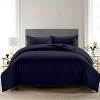 Navy Blue Striped Duvet Cover Set King Size 104x90 600 Thread Count Cotton, 3 Piece Sateen Weave Bedding Set, Soft Luxury Comforter Cover and Two Pillow Shams, with Zipper Closure and Corner Ties