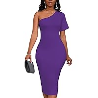 Women's Sexy One Shoulder Short Sleeve Bodycon Party Club Cocktail Midi Pencil Dress