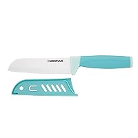 Farberware Ceramic 5- Inch Santoku Knife with Custom-Fit Blade Cover, Razor-Sharp Kitchen Knife with Ergonomic, Soft-Grip Handle, Dishwasher-Safe, 5-inch, Aqua