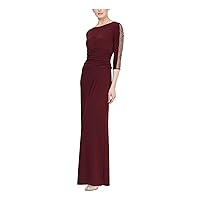 S.L. Fashions Women's Long Ruched Gown with Beaded Illusion Three Quarter Sleeve