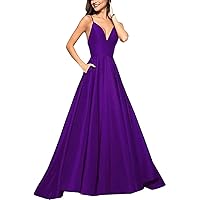 Women's Long Spaghetti Straps Ball Gowns Satin V Neck Prom Dresses with Pockets