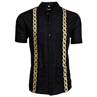 Black Lux Linen Blend with Gold Cuban Links Embroidery Four Pocket Guayabera