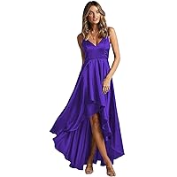Tsbridal High-Low Homecoming Dresses for Junior Spaghetti V Neck A-line Bridesmaid Dress for Wedding with Pockets