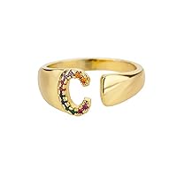 Rainbow Zircon Letter Rings for Women Chunky Wide Letter A-Z Stainless Steel Ring Wedding Boho Jewelry