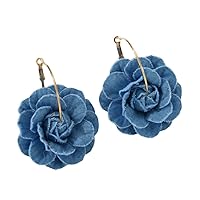 Big Denim Camellia Flower Statement Hoop Earrings for Women Girls Blue Blossom Gold Plated Large Huggie Dangle Drop Earring Fashion Jewelry Gifts Birthday