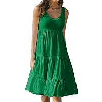 Women Casual Loose Tank Dress Beach Sleeveless Smocked Flowy Dress Summer Vacation Sundress Solid Ruffle Swing Dress