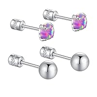 2 Packs Opal Screw Back Stud Earrings Hypoallergenic Stainless Steel Post Round Cut Created White Synthetic Opal for Women Girls Jewelry Set Gifts