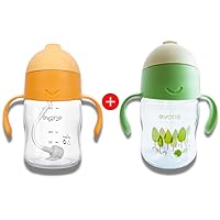 Evorie Tritan Weighted Straw Baby Sippy Cup 7 Oz Leak Poof with Handles for 6 Months Above, Twin Bundle (Apricot + Amazon)
