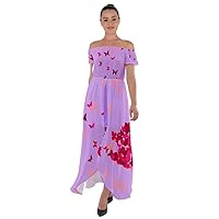 PattyCandy Womens Butterfly & Floral Patterns on Off Shoulder Split Front Chiffon Dress for Photoshoot