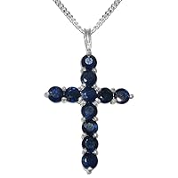 LBG 925 Sterling Silver Natural Sapphire Womens Cross Pendant & Chain - Choice of Chain lengths