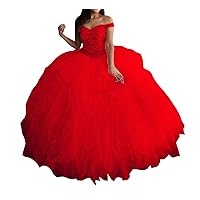 Women's Tulle Layered Quinceanera Dresses Off Shoulder Crystal Girls Pageant Dress