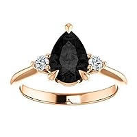 Three Stone Black Onyx 2 CT Pear Ring 14k Rose Gold, Minimalist Pear Shape Black Diamond Ring, Dainty Tear Drop Black Diamond Engagement Ring