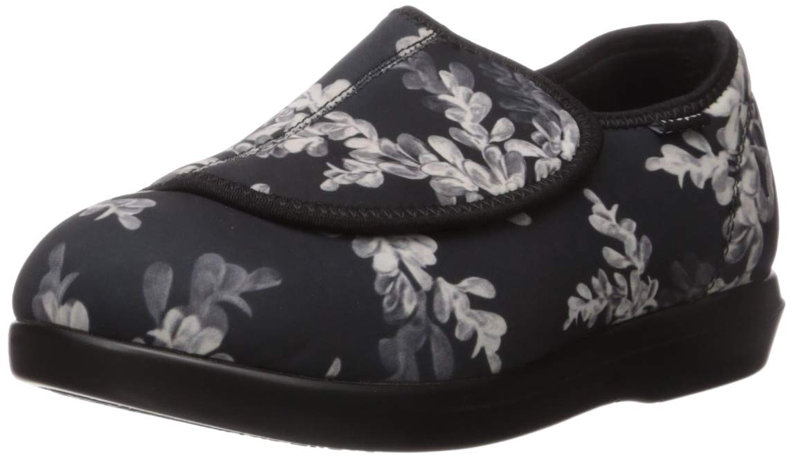 Propét Women's Cush 'N Foot Slipper, Black Floral, 9 X-Wide