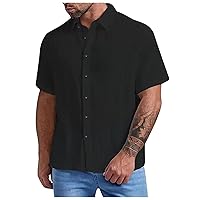 Mens Cotton Shirts Basic Solid Color Summer Casual Short Sleeve Turndown Collar Regular Fit Button Pleated Shirt