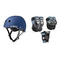80Six Dual Certified Kids‚Äô Bike, Skate, and Scooter Helmet, Navy Matte, Medium-Ages 8+ & Pad Set with Wristguards, Elbow Pads, and Knee Pads for Kids, Stone Blue, Small/Medium - Ages 8+
