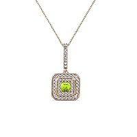 Princess Peridot & Natural Diamond Double Halo Pendant 0.37 ctw 14K Rose Gold. Included 18 Inches Chain