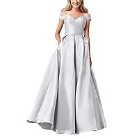 Off Shoulder Prom Dresses Long Satin Formal Dresses for Women Evening Gowns Satin A-Line with Pockets