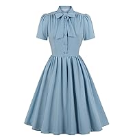 Vintage Women 1940s Bow Tie Neck Dress Retro 40s 50s Button Up Business Work A-line Cocktail Dresses