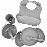 6 Piece Silicone Baby Feeding Set, LED Weaning, Bib - Suction Plate - Suction Bowl - Cup - Two Spoons - BPA-Free - Dishwasher Safe - Food Grade Silicone - Color: Gray - LED Weaning