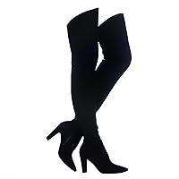 Shoe'N Tale Women Stretch Suede Chunky Heel Thigh High Over The Knee Boots(7,Black)