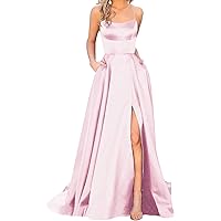 Women's Satin Prom Dresses Long Ball Gown with Slit Backless Spaghetti Straps Halter Formal Evening Party Dress (Pink,16 Plus,US,Numeric,16,Regular,Regular)