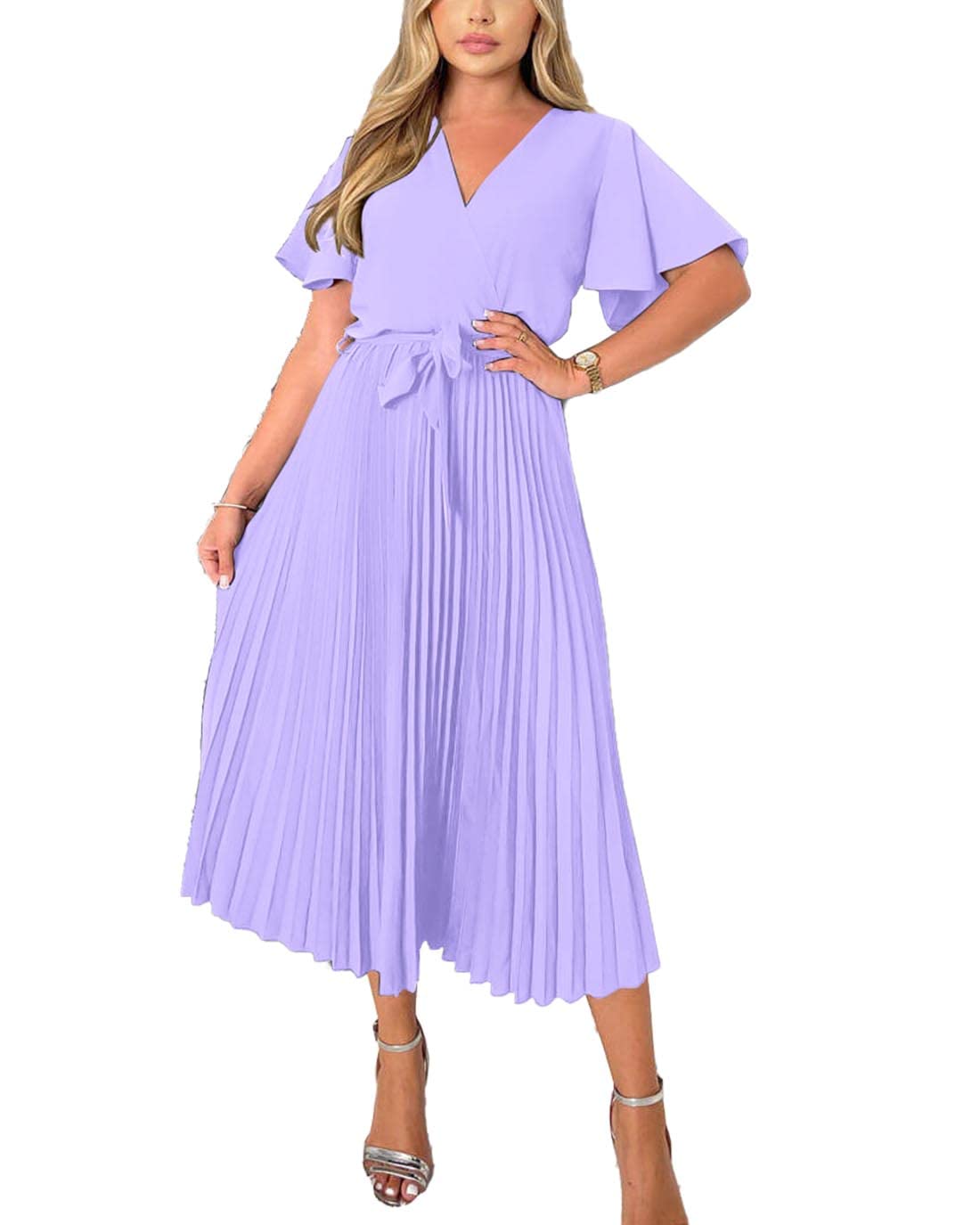 BTFBM Women Wrap V Neck Casual Summer Dresses 2023 Short Sleeve Satin Tie Waist Pleated Flowy Wedding Guest Midi Dress