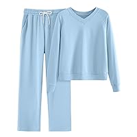 Womens Two Piece Outfits Sweatsuit Set V Neck Sweatshirt Long Pant Tracksuit Lounge Sets with Pockets 2024