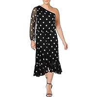 Ralph Lauren Womens Polka Dot One Shoulder Dress, Black, 10