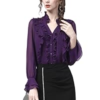Ruffles Chiffon Blouse Women Loose Long Sleeve V-Neck Shirts Purple Office Ladies Tops Spring Clothing