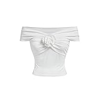 Floerns Women's Off Shoulder Floral Appliques Strapless Ruched Short Sleeve Tee Shirt Top