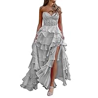 Chiffon Sweetheart Ruffle Prom Dress Strapless Tiered Evening Party Gown Laces Applique Princess Dress with Slit