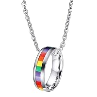Stainless Steel Jewelry Unisex LGBT Pride Gay Lesbian Flag Rainbow Double Rings Pendant Necklace