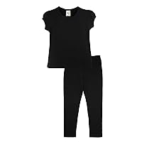 Lilax Girls' Basic Short Puff Sleeve Cotton T-Shirt and Leggings Set