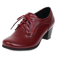 Women's Lace Up Wingtip Oxfords Pumps Block Mid Heel Round Toe Perforated Vintage Brogues Dress Shoes