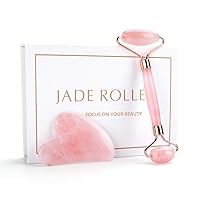 Pink Rose Quartz Jade Gem Stone Marble Ice Face Roller & Gua Sha Set, Face and Eye Puffiness Wrinkle