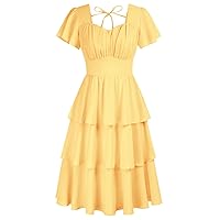 Belle Poque Women's Square Neck Tiered Ruffle Dress 2023 Summer Vintage Short Sleeve Layered A-line Swing Midi Dress