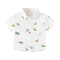 Toddler Boy Button Shirt Sleeve Button Down Shirt Cartoon Car Pattern with Pockets for 2 to 8 Years Old Multi Pack