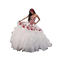 Red Floral Flower Embroidery Ball Gown White Quinceanera Dresses Ruffles Wedding Party Prom Dress
