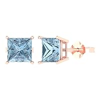 3.0 ct Princess Cut Solitaire Fine Natural Aquamarine Pair of Stud Everyday Earrings 18K Pink Rose Gold Butterfly Push Back