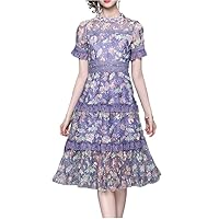 Women's Short Sleeved mesh Embroidered lace Print Dress Purple
