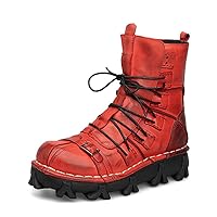 Men's British New Trending Red Knee High Boots Round Toe Cowboy PU Leather Long Riding Motorcycle Shoes Tooling Boots Winter