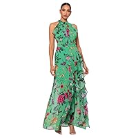 Betsy & Adam Women's Elegant Long Chiffon Floral Dress with Ruffle Detail and Tie Neck