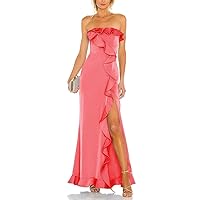 Womens Strapless Ruffles Prom Dresses with Slit Long Satin Bridesmaid Dresses A Line Pleated Formal Evening Dress