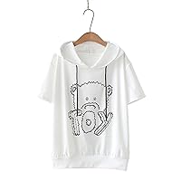 Kawaii Hoodie for Womens - Japanese Summer Cartoon Printed Bear Straight Short Sleeve Sweater Women's Hoodie T-Shirt (Color : White, Size : One Size)